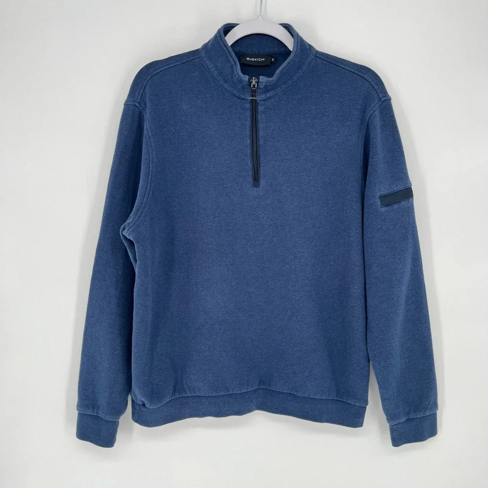 Bugatchi Mens Navy Sweater Fleece 1/4 Zip Pullover Sleeve Pocket Medium